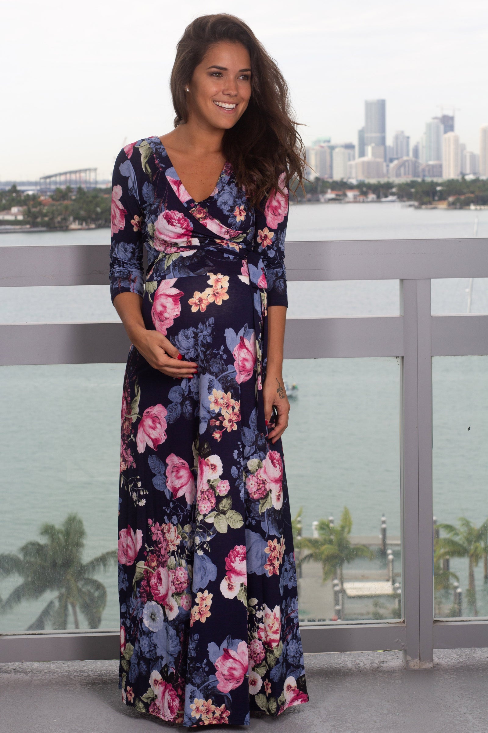 Pink Floral Wrap Dress with 3/4 Sleeves ...